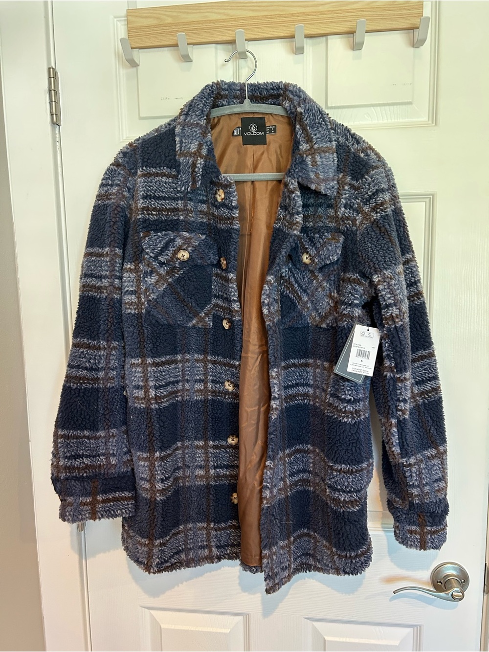 Volcom Women's Navy and Brown Plaid Teddy Shacket